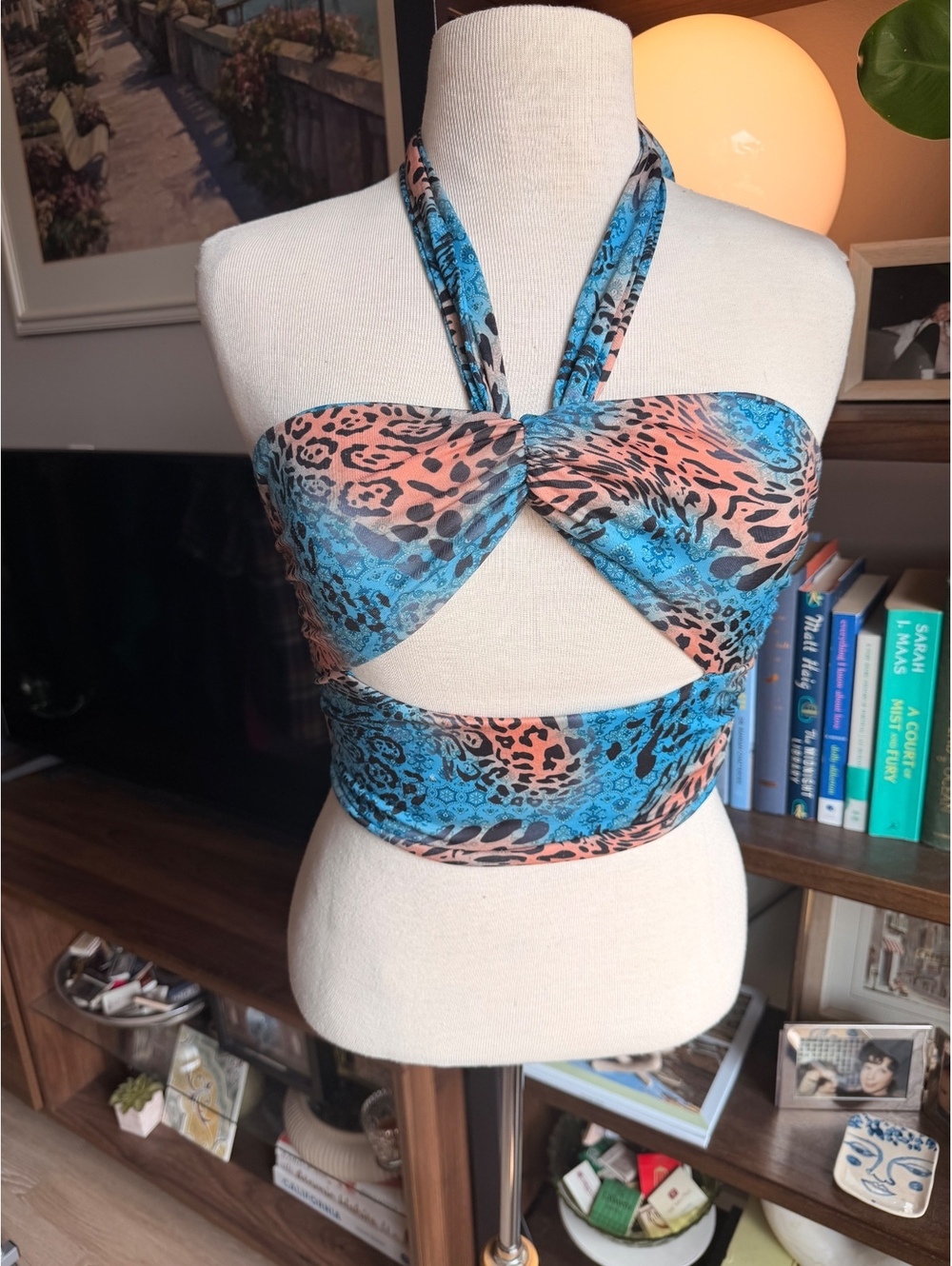I.AM.GIA Blue and Peach Animal Print Halter Crop Top XS